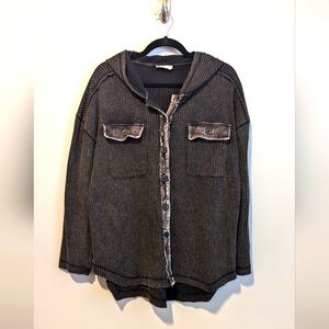 Distressed waffle knit button down long sleeve shirt
